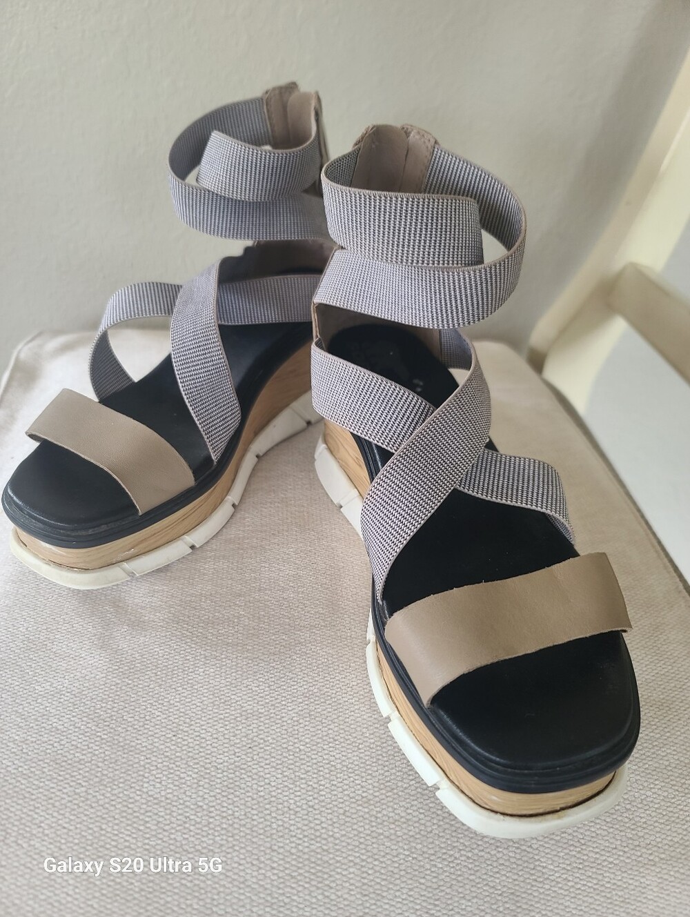 Sorel Joanie III Sport Wedge Sandals Taupe and Black Strappy Platform Sandals